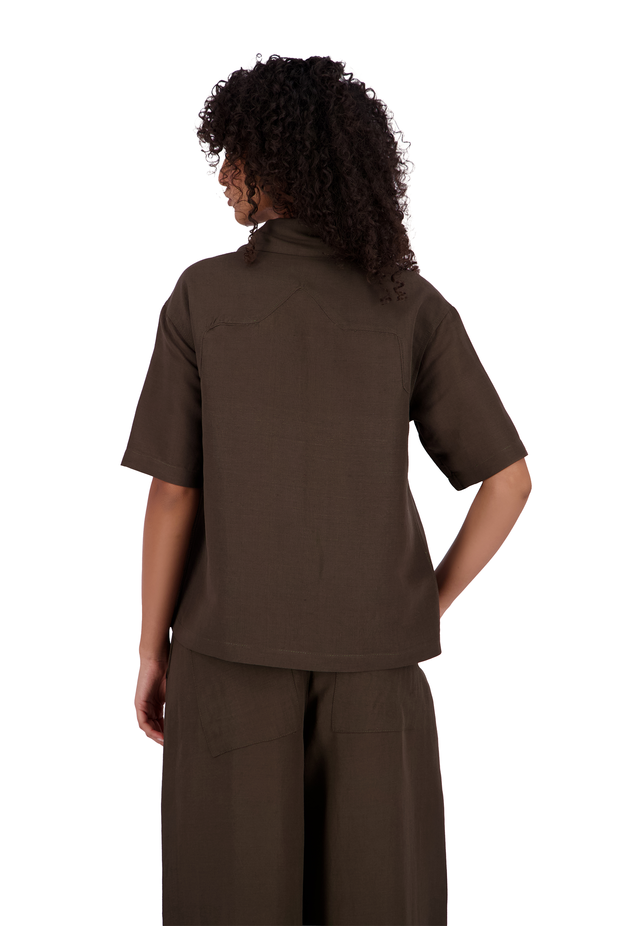 A model shown from the back wearing a dark brown short-sleeve top and matching wide-leg pants against a solid white background. #Cumin_Leaf